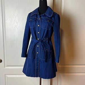 VINTAGE CURLY TOP BLUE SNAP BUTTON COAT COLLARED BELTED